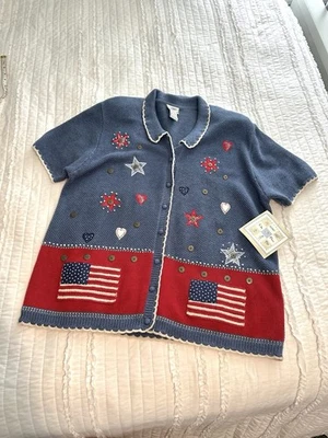 Vintage NOS Patriotic Short Sleeve Knit Top Cardigan Sweater XL NEW TEACHER - Image 1 of 4