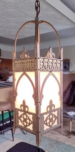 Antique Gold White French Gothic Church Cast Metal Rectangle Pendant Lamp Light - Picture 1 of 15