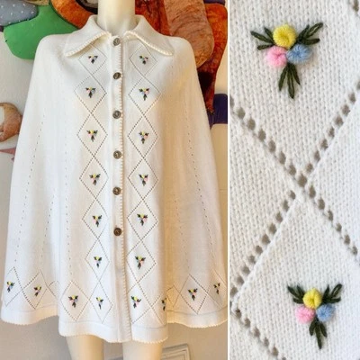 Vintage Knit Cape Poncho Pointelle Rosettes White 1960s 1970s Sweater Easter - Image 1 of 4
