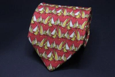SALVATORE FERRAGAMO Silk Tie. Red with Yellow & Orange Sailboat Design. - Image 1 of 4