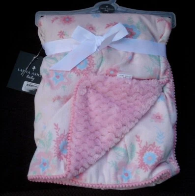 Laura Ashley Pink Blue Floral Minky Infant Blanket 30" x 40" NEW - Image 1 of 4