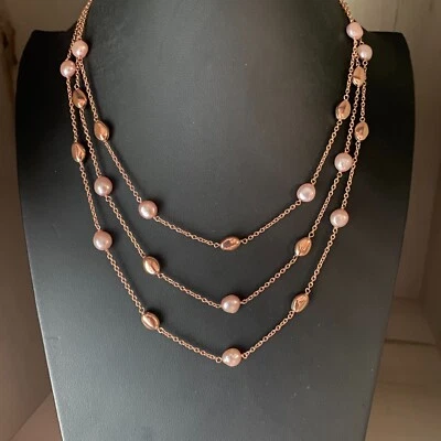 Honora Italia Rosa Perla Cultivada Broze 3 Hilos Cadena Estación Collar 18" Foto 1 de 4