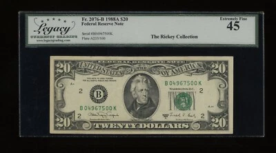 DBR 1988-A $20 FRN New York Fr. 2076-B Legacy 45 Serial B04967500K - Image 1 of 2
