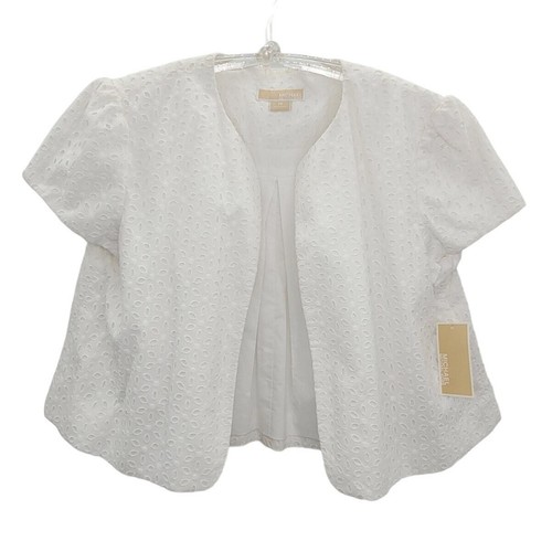 Giacca Michael Kors bianca con occhielli in pizzo manica corta aperta cropped swing