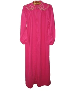 VINTAGE HOT PINK FLANNEL ZIP FRONT ROBE-METALLIC GOLD DESIGN - MANDARIN COLLAR - Picture 1 of 6