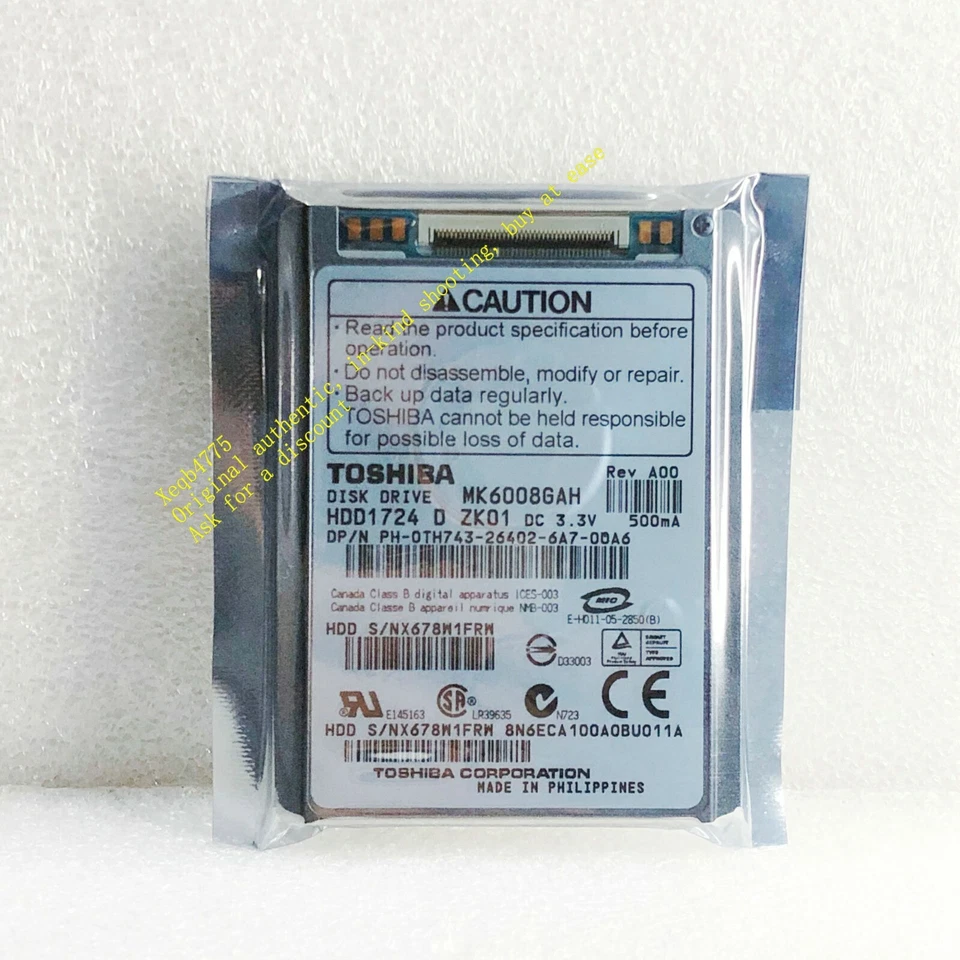 Toshiba 60GB MK6008GAH 1.8-inch hard drive, ATA-100 tested( 7MM thick ) - Image 1 of 4