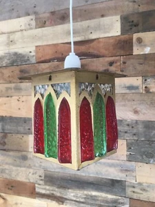SUPERB MID CENTURY HANGING LANTERN FAUX STAINED GLASS CEILING LIGHT LAMP SHADE - Picture 1 of 12
