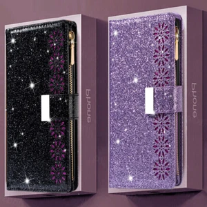 Glitter Leather Wallet Zipper Flip Case For iPhone 16 15 14 Pro Max 13 12 Cover - Photo 1 sur 17