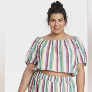 Ava And Viv Bluse Plus 2X Oberteil Gestreift Kurzarm Leinenmischung Weiß Lila Neu mit Etikett - Bild 1 von 5