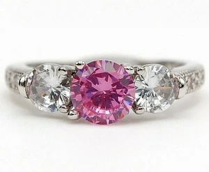 2CT Treated Pink Sapphire & White Topaz 925 Solid Sterling Silver Ring Sz 8 - Picture 1 of 4