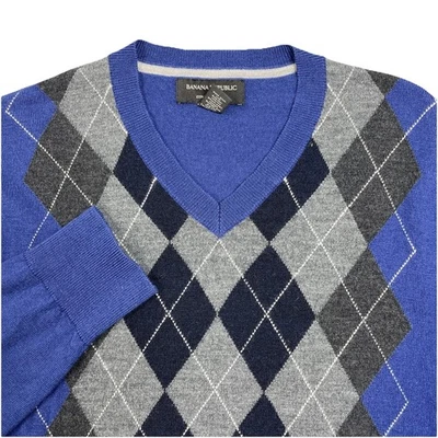 Suéter Pulôver Feminino Banana Republic Gola V Argyle Merino Lã Azul Médio - Imagem 1 de 4