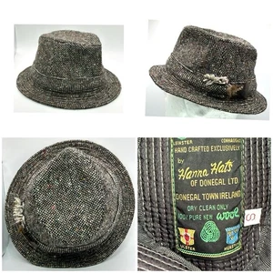 Hanna Hats Irish Walking Hat Wool Speckled Brown Tweed Small 6 5/8 Feather Trim - Picture 1 of 9