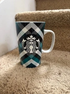 STARBUCKS ~ Green White Tartan Plaid Tall 16 oz Coffee Mug, Logo 2015 - Picture 1 of 2