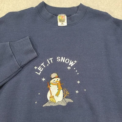 Moletom de Natal vintage anos 90 boneco de neve GG azul marinho LS gola redonda Fruit of the Loom EUA - Imagem 1 de 4