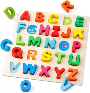 Wooden Alphabet Puzzle – ABC Letters Sorting Board Blocks Montessori Matching Ga - Picture 1 of 12