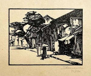 Marcel BERNANOSE - Hanoï, scène de rue. Bois gravé, signé. VIETNAM - Foto 1 di 3
