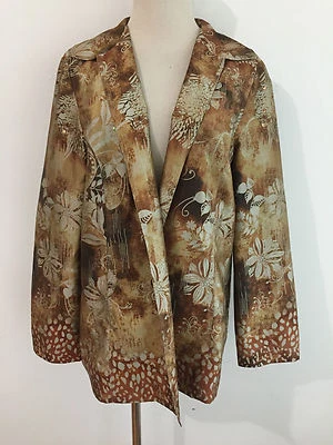 Chaqueta Blazer CHICO'S Larga Abierta Mezcla Seda Dorado, Bronce, Óxido y Beige Talla 1 Foto 1 de 4