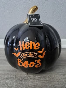 Martha Stewart Porcelain Ceramic Halloween Pumpkin HERE FOR THE BOO'S Black Gold - Picture 1 of 3