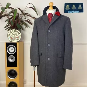 BARBOUR Tweed Herringbone Covert Charcoal ‘Edward’ Overcoat Jacket Coat (42) - Picture 1 of 17