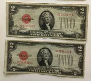 Two 1928 D $2.00 DOLLAR RED SEAL NOTES very nice circulated DA Block - Picture 1 of 2