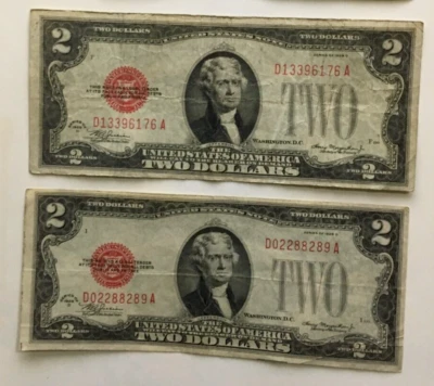 Two 1928 D $2.00 DOLLAR RED SEAL NOTES very nice circulated DA Block - Image 1 of 2