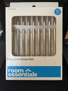Room Essentials Stainless Steel 8 Straw Set w/ Storage Case Cleaning Brush A081 - Picture 1 of 2