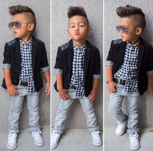 3PCS Baby Boys Dress Suit Coat/Plaids Shirt/Denim Pants Set Kids Clothes Outfits - Picture 1 of 9