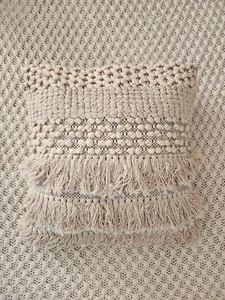 Boho White Throw Pillow Covers Square 18" Cushion Handmade Cotton Striped Sofa - Picture 1 of 3