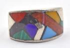 Vintage Sterling Silver Mexico Multi Gemstone inlaid unisex Ring Band Size 5