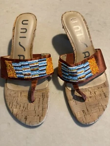Unisa 6M Orange Satin Colored Beaded Sandal Resort Beach Low Heel Slide On Cork - Picture 1 of 5