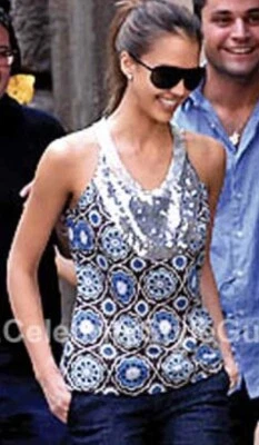 TORY BURCH Jasmine Garden Sequin Tank Top Blue Brown White Size 2 *Jessica Alba* - Image 1 of 4