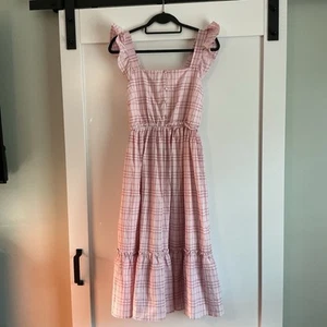 By The River Anthropologie Tiered Pink Plaid Midi Dress Flutter Sleeve Medium - Picture 1 of 7