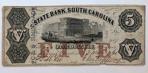 State Bank of South Carolina Obsolete 1800's Five Dollar Bill - Picture 1 of 8