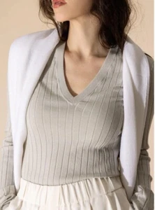 $1495 Brunello Cucinelli X-Small Cashmere Sweater Sparkling Ribbed Knit V Neck - Picture 1 of 12