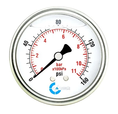 2" Pressure Gauge, Stainless Steel Case, Liquid Filled, Back Mnt, 160 Psi - Image 1 of 4