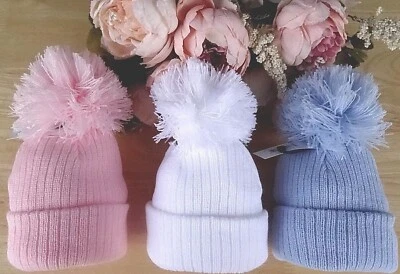 Sombrero Bebé Niño Niña Blanco Rosa Azul Doble Costilla Tejido Ajustable Pom-Pom NB-0-3-6-12 Foto 1 de 3