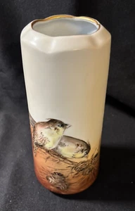 Porcelain Vase with Birds Gold Scallop Edge VTG Handpainted Barnes Germany 8" - Picture 1 of 6