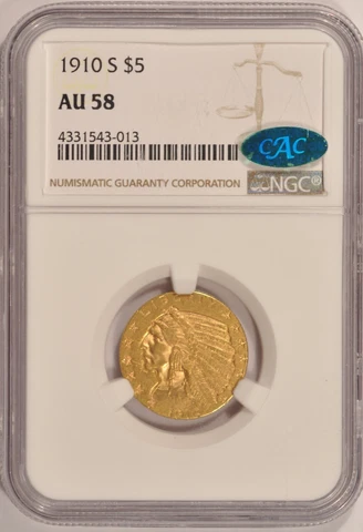1910-S $5 Liberty Gold Indian Half-Eagle Coin NGC AU58 CAC Approved Pre-1933 Cover