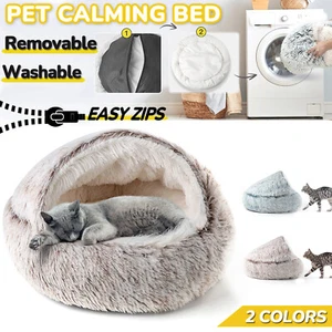Pet Cat Calming Bed Cuddle Soft Warm Plush Cushion Cave Sleeping Nest Tent House - Picture 1 of 26