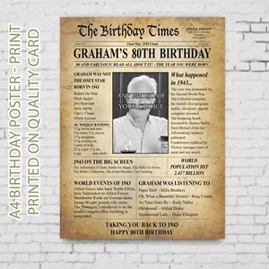 80th Back In 1944 Personalised Photo Birthday Gift Poster Print Newspaper 37 - Picture 1 of 5