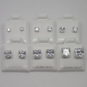 925 Sterling Silver Clear Square Cubic Zirconia CZ Diamante Stud Earrings 3- 8mm - Picture 1 of 8
