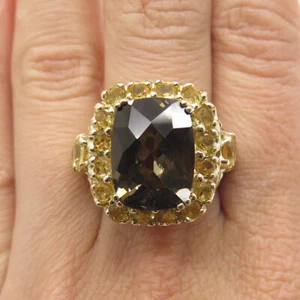 925 Sterling Silver Gold Plated Real Smoky Quartz & Citrine Ring Size 7 - Picture 1 of 9