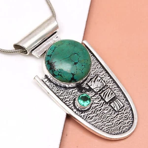 Silver Tibetan Turquoise Gemstone Jewelry 1.75" Pendant Handmade 1.75'' - Picture 1 of 9