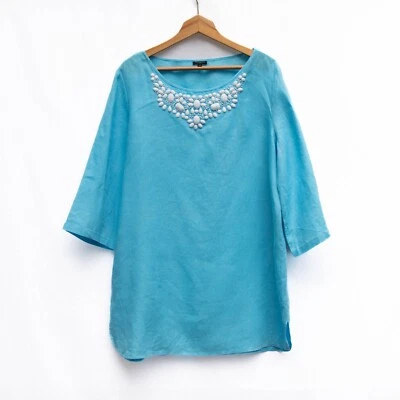 Talbots Linen Boho Tunic Top Popover L Turquoise Beaded Casual Coastal Kaftan - Image 1 of 4