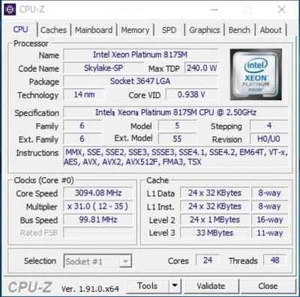 Intel Xeon Platinum 8175M SR3FU 24C 2.5GHz 3.1/3.5GHz 33MB 240W LGA3647 DDR4-266 - Picture 1 of 1