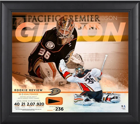John Gibson Anaheim Ducks Framed 15x17 Rookie Collage & Piece of GU Puck Cover