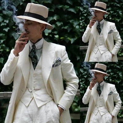 Traje de lino beige para hombre solapa pico doble botonadura verano boda esmoquin 3 piezas Foto 1 de 4