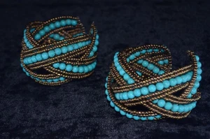 VTG Bracelet Berber Moroccan Beaded Bangles Blue/Yellow Tribal Handmade Jewelry - Picture 1 of 6