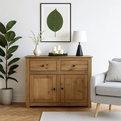 Solid Wood Sideboard Cabinet Cupboard Storage 2 Door 2 Drawer Rustic StorageUnit - Image 1 of 4