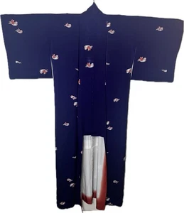Japanese Blue Kimono with Pink Birds – Silk Blend, Vintage Handmade - Picture 1 of 7